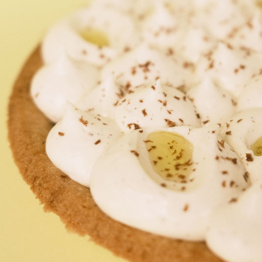 Tartaleta caramelo, chocolate, vainilla y aove